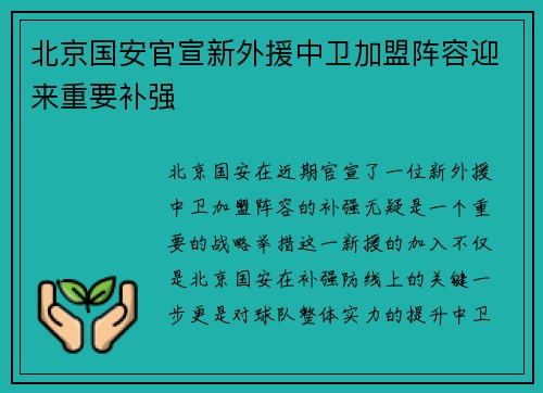 北京国安官宣新外援中卫加盟阵容迎来重要补强