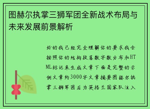 图赫尔执掌三狮军团全新战术布局与未来发展前景解析